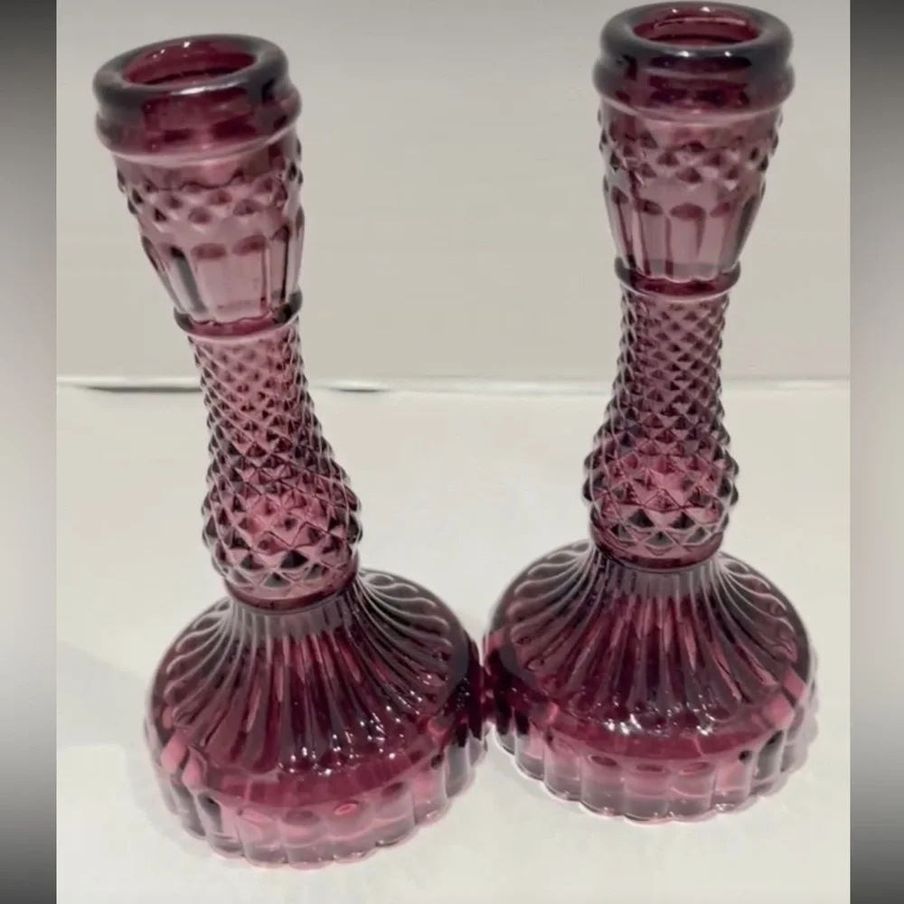 Vintage Purple / Cranberry Pressed Glass Candlesticks – Pair